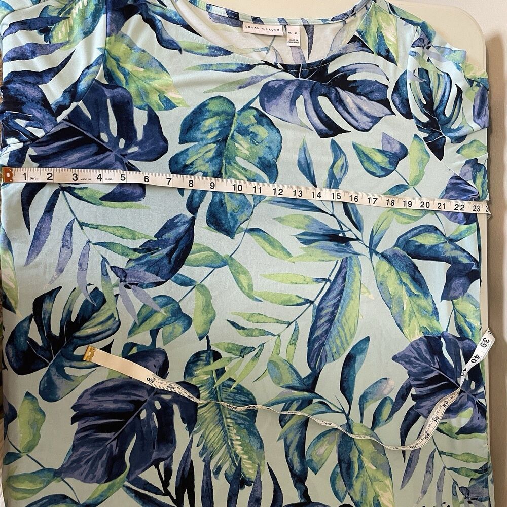 Susan Graver Liquid Knit Top XL Tropical Blue Green Tie Sleeve Office Travel - Picture 7 of 9